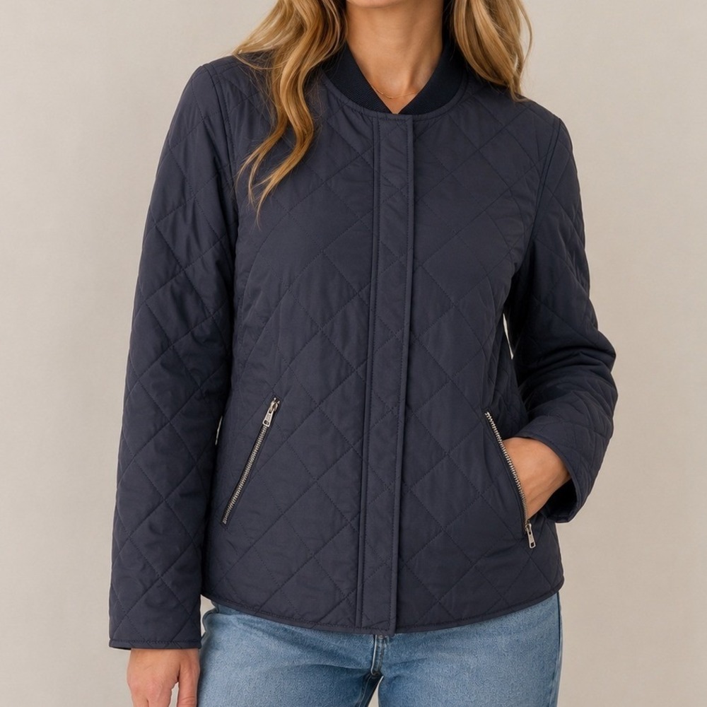 Gap Women's Large Quilted Jacket Navy Cotton Blend Zip Front Lightweight